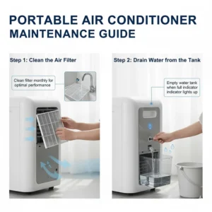 Diagram showing how to clean the air filter and drain water from a bedroom portable air conditioner.