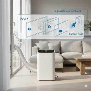 Diagram demonstrating how to install a sliding window kit for a portable air conditioner exhaust hose.