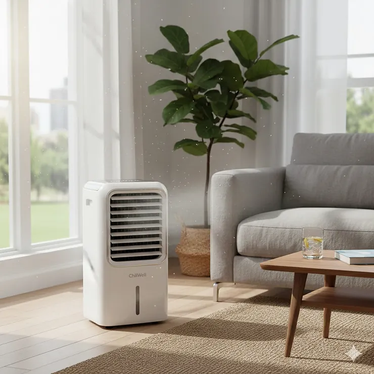 A sleek portable air conditioner without hose cooling a modern, sunlit living room next to a sofa.
