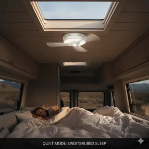 A quiet camper ceiling fan installed above a bed area for comfortable sleeping while boondocking.