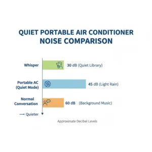 A noise level chart showing decibel ratings for a quiet portable air conditioner for bedroom use.