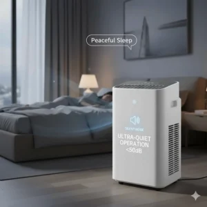 A portable air conditioner in a bedroom with a "silent mode" icon, showing noise levels below 50 decibels.