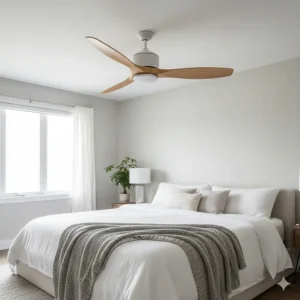 A stylish, noise-free wood ceiling fan mounted in a cozy master bedroom, emphasizing the fan's quiet operation for sleeping.