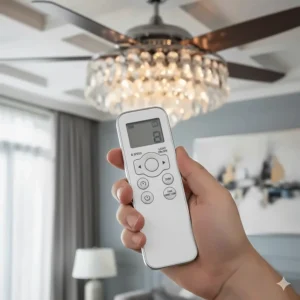 Hand holding the remote control for the crystal ceiling fan, demonstrating the 6-speed settings and light dimming functionality.
