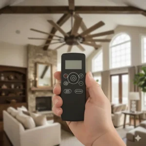 Hand holding the multi-speed remote control designed to operate the windmill ceiling fan.