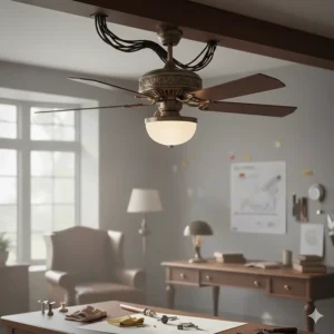 A beautifully restored vintage ceiling fan with new wiring and polished metal.