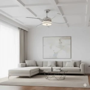 Innovative ceiling fan chandelier with retractable clear blades that hide when the fan is turned off.