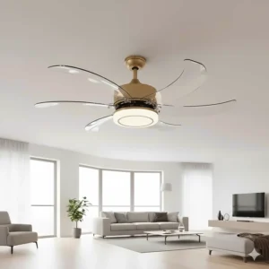 Innovative gold ceiling fan featuring clear, retractable acrylic blades that disappear when the fan is turned off.