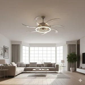 A striking designer unique ceiling fan with sleek, aerodynamic blades and integrated LED lighting, perfect for a modern living room or loft space.