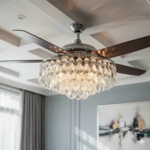 Elegant crystal ceiling fan with retractable blades fully extended for effective air circulation.