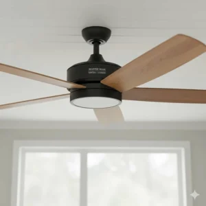 Farmhouse ceiling fan highlighting the reversible blades, with one side showing a light oak finish and the other a darker walnut for seasonal use.