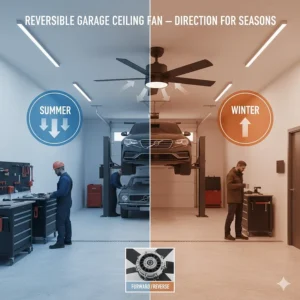 Illustration of a reversible garage ceiling fan showing blade direction for summer cooling and winter heat circulation.
