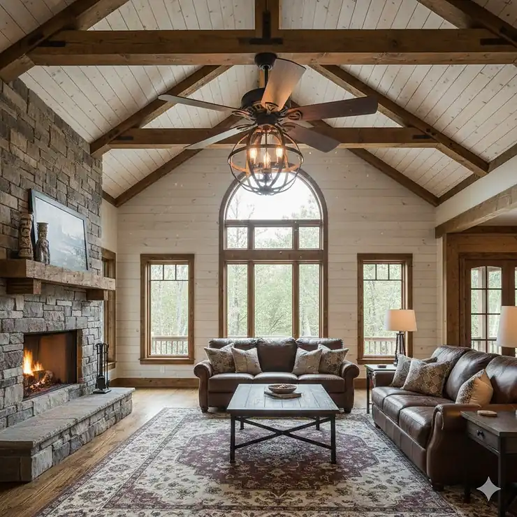 Stunning rustic ceiling fan with lights installed in a high-ceiling living room, featuring distressed wood blades and a wrought iron cage light fixture. rustic ceiling fans with lights