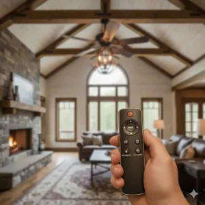 Hand holding a remote control used to adjust the speed and light brightness of a large rustic ceiling fan.