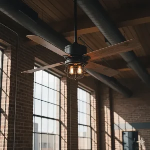 A rustic, three-blade wood ceiling fan with matte black metal accents, perfect for an industrial-style loft or farmhouse space.