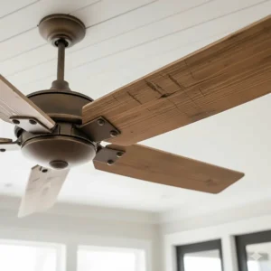Detailed view of the distressed natural wood blades on a large, rustic windmill ceiling fan.
