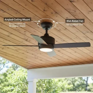 Illustration of a wet rated fan with an angled canopy for installation on sloped porch roofs.