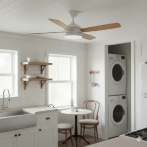 A compact, hugger-style farmhouse ceiling fan mounted flush to the ceiling in a small kitchen or laundry room.