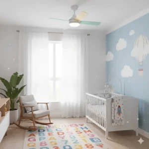 A quiet, small-diameter ceiling fan installed in a colorful child's nursery.