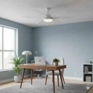 A small home office featuring a 36-inch ceiling fan with integrated LED lighting.