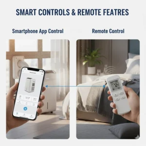 Illustration of WiFi app controls and remote for a smart portable air conditioner for bedroom convenience.
