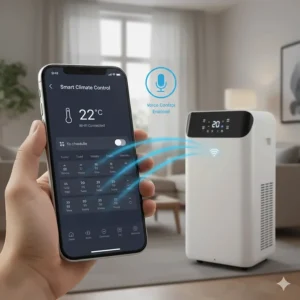 A smartphone app screen controlling a portable air conditioner's temperature and schedule via Wi-Fi.