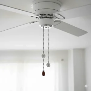 The simple pull chain controls for adjusting the speed settings on a standard three blade ceiling fan.