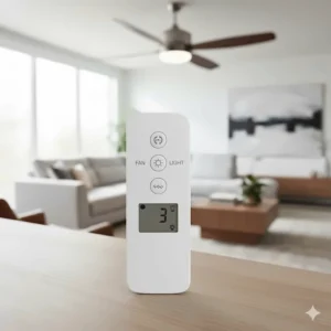 Wireless remote control used to operate the speed and light functions of the three blade ceiling fan.