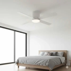 Three blade ceiling fan installed using a low profile (flush) mounting kit for rooms with lower ceilings.