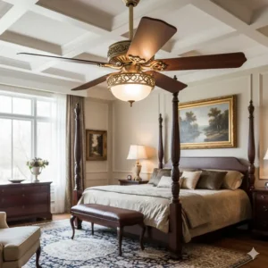 A beautiful, traditional style gold ceiling fan with intricate detailing, perfect for a classic bedroom or dining room.