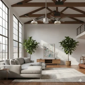 A striking designer unique ceiling fan with sleek, aerodynamic blades and integrated LED lighting, perfect for a modern living room or loft space.