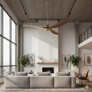 A striking designer unique ceiling fan with sleek, aerodynamic blades and integrated LED lighting, perfect for a modern living room or loft space.