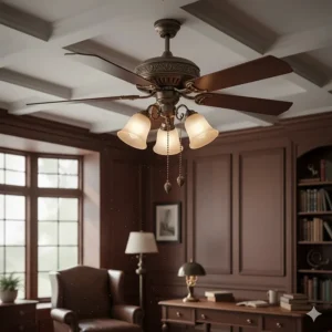 Traditional vintage ceiling fan with an integrated tulip-shaped glass light kit and elegant decorative pull chains.