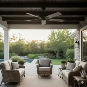Outdoor-rated farmhouse ceiling fan featuring durable, weathered grey wood blades perfect for a covered porch or patio.