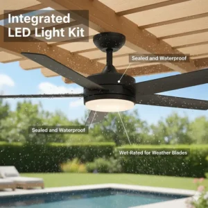 Illustration of a wet rated outdoor fan featuring a sealed, waterproof integrated LED light kit.
