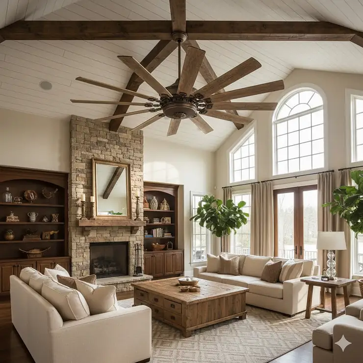 A windmill ceiling fan with rustic wood blades installed in a large, open-concept living room with high ceilings.