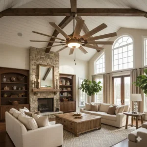 A modern windmill ceiling fan featuring an optional integrated LED light kit for bright, energy-efficient illumination.