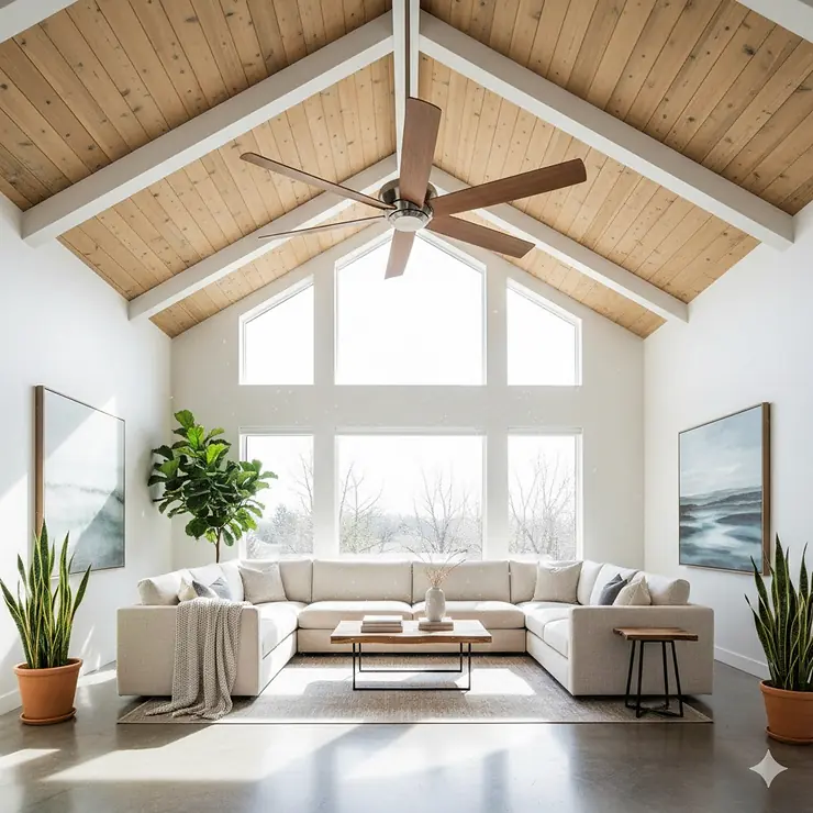 A large, five-blade wood ceiling fan with a brushed nickel motor installed in a modern living room with natural light and high ceilings, illustrating the fan's elegant design and scale.