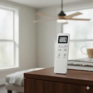 An illustration showing the convenient handheld remote control used to operate the speed and direction of the wood ceiling fan.