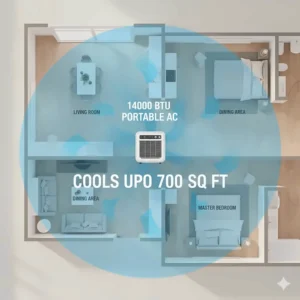 Diagram showing a portable air conditioner 14000 BTU cooling a 700 square foot floor plan.