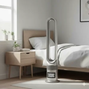A compact silver bladeless fan labeled as a top affordable Dyson fan alternative for small rooms.