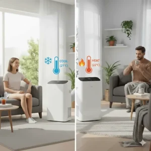 Illustration showing a portable air conditioner with heat used in both summer and winter.