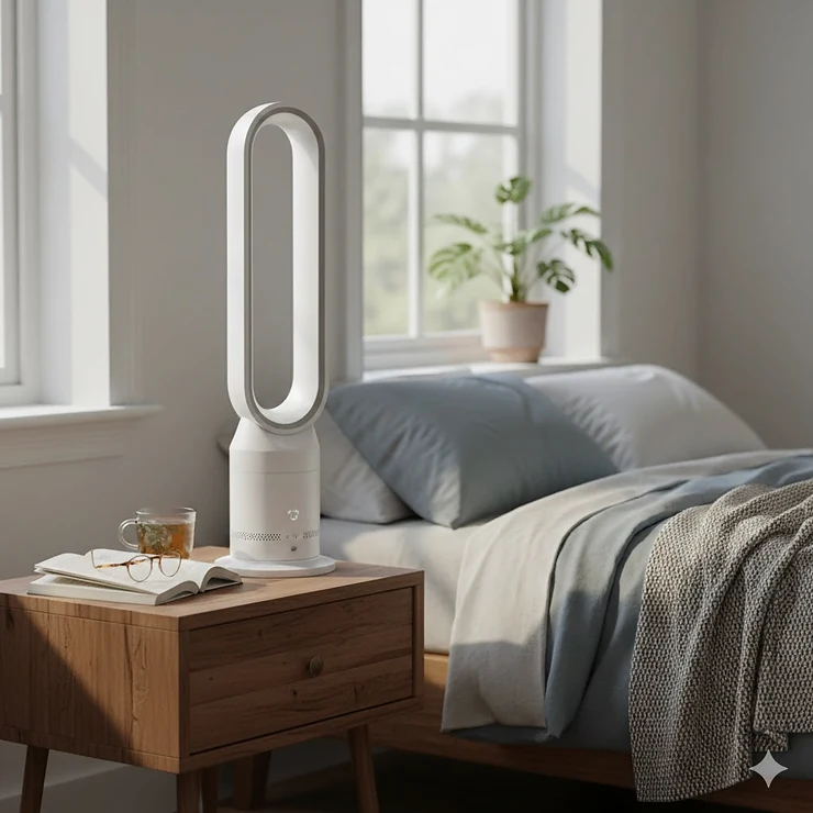 A modern and cheap white bladeless fan sitting on a wooden nightstand in a bright, sunlit bedroom. cheap bladeless fan