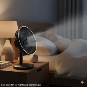 An illustration of a sleek desk fan on a nightstand providing a gentle breeze for sleeping.