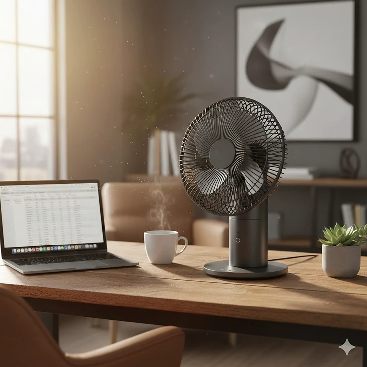A modern, high-performance desk fan sitting on a clean wooden office desk next to a laptop and a coffee mug. best desk fan