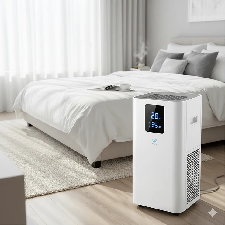 A modern quiet portable air conditioner cooling a peaceful master bedroom with a low-decibel display.
