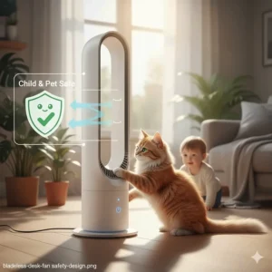 A technical drawing of a bladeless desk fan highlighting its safety features for homes with pets or children.