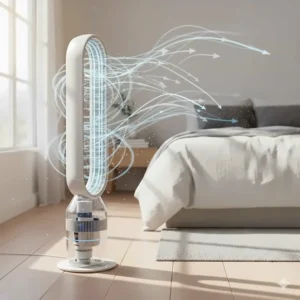 Technical illustration showing blue airflow arrows being drawn through the base and multiplied through the hoop of a quiet bladeless fan.