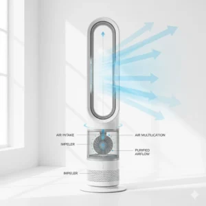 Diagram showing how air is drawn into the base and multiplied through the bladeless fan hoop.