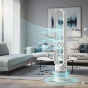 A technical diagram showing how air is drawn into the base and multiplied in the best bladeless fan designs.